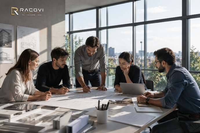 Ilustración de un equipo revisando planos en una oficina con grandes ventanales.
