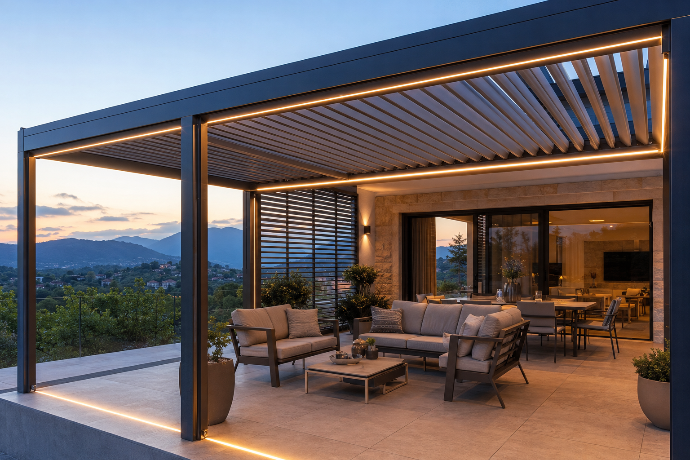 Pérgola bioclimática de aluminio con lamas móviles motorizadas e iluminación LED integrada en terraza