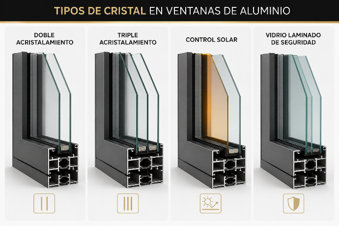 Tipos de cristal para ventanas de aluminio RACOVI: doble, triple, control solar y laminado de seguridad
