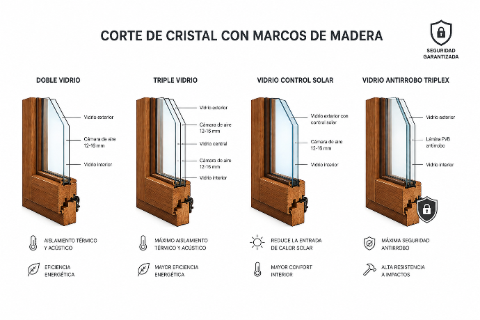 Comparativa de tipos de acristalamiento para ventanas de madera: doble, triple, control solar y antirrobo triplex