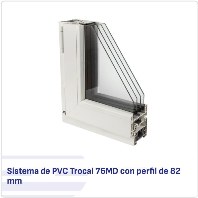 Corte de perfil de PVC Trocal 76MD con cámara de 82mm y triple acristalamiento