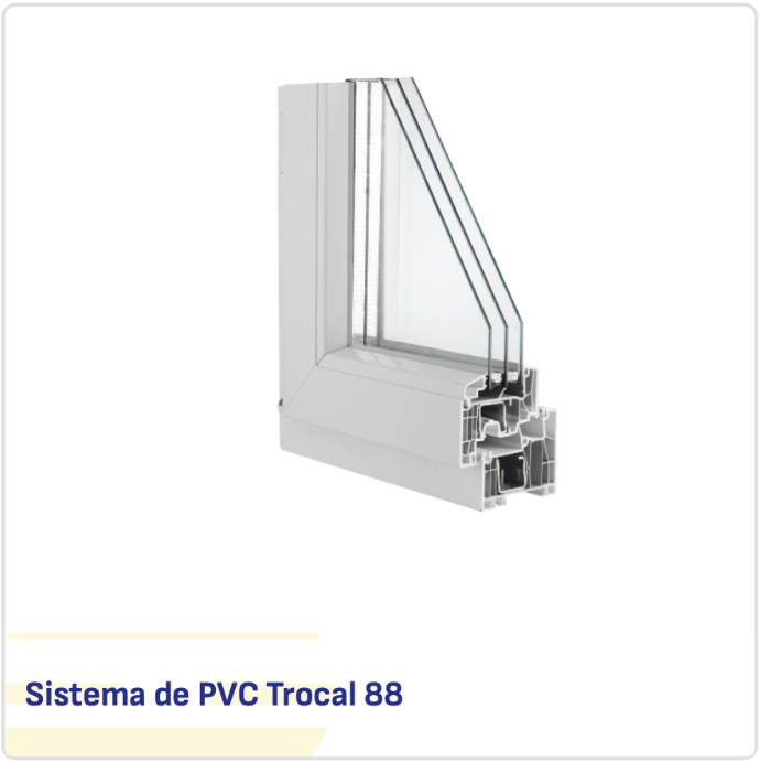 Corte de perfil de PVC Trocal 88 con triple acristalamiento