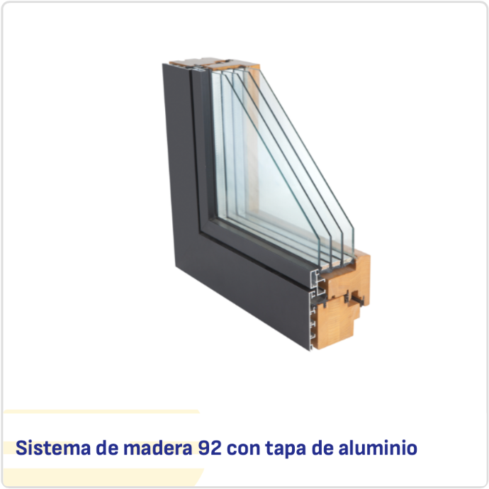 Sección de ventana mixta madera-aluminio de 92 mm con tapeta exterior lacada