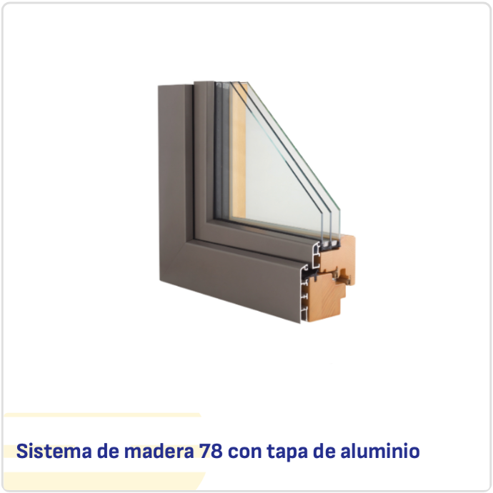 Sección de ventana mixta madera-aluminio de 78 mm con tapeta exterior lacada