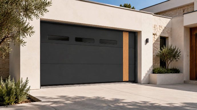 Puerta de garaje seccional en color antracita con franja decorativa efecto madera y ranuras de ventilación horizontales, instalada en vivienda moderna