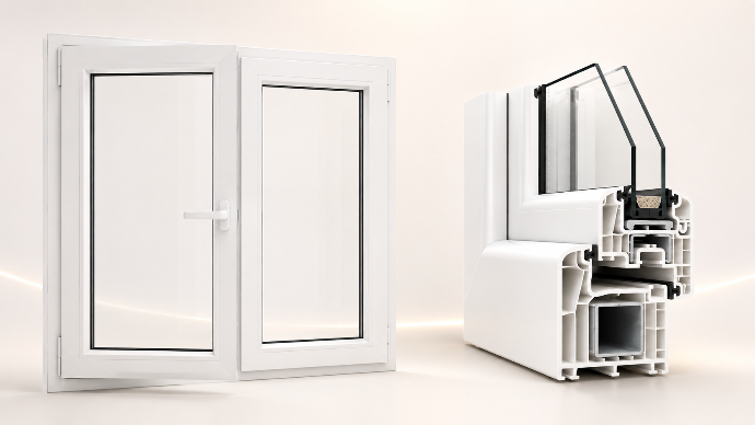 Ventana de PVC de dos hojas oscilobatientes en blanco con vista en corte del perfil multicámara y doble acristalamiento