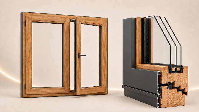 Ventana mixta de madera y aluminio de dos hojas abatibles con vista en corte del perfil y triple acristalamiento
