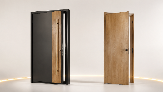 Puerta de entrada pivotante en antracita con franja de madera y tirador de acero, junto a puerta de interior en acabado roble con manilla negra