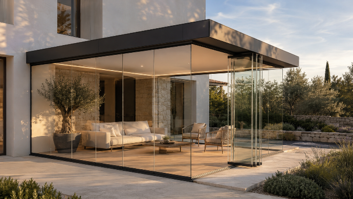 Cerramiento de cristal panorámico en porche con estructura de aluminio negro, paños correderos plegables y salón integrado con vistas al jardín