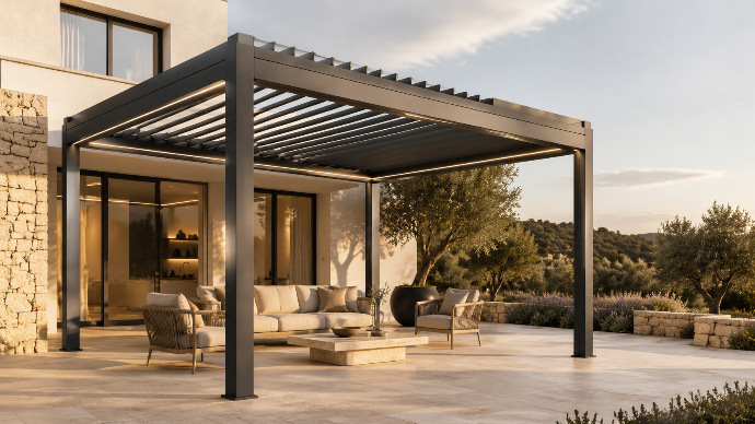 Pérgola bioclimática de lamas orientables en aluminio antracita con iluminación LED integrada, instalada en terraza con zona de estar exterior