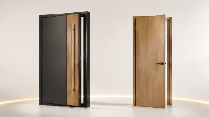 Puerta de entrada pivotante en antracita con franja de madera y tirador de acero, junto a puerta de interior en acabado roble con manilla negra