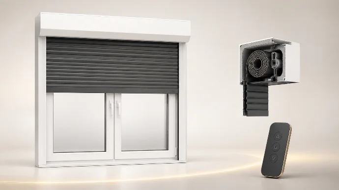 Persiana enrollable motorizada en antracita instalada sobre ventana de PVC blanca, con vista del mecanismo interior del cajón y mando a distancia