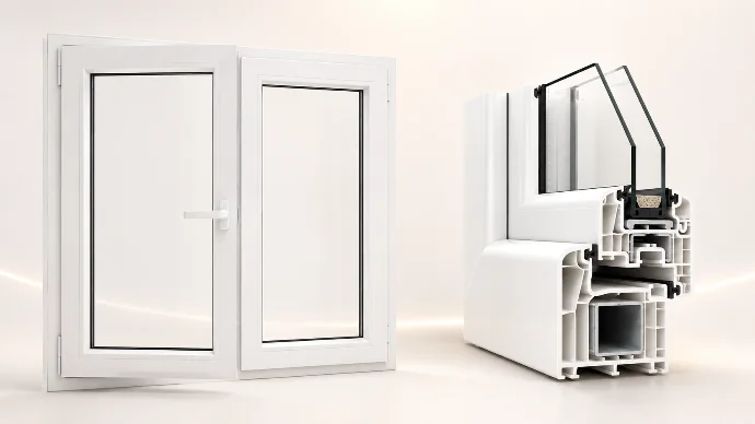 Ventana de PVC de dos hojas oscilobatientes en blanco con vista en corte del perfil multicámara y doble acristalamiento