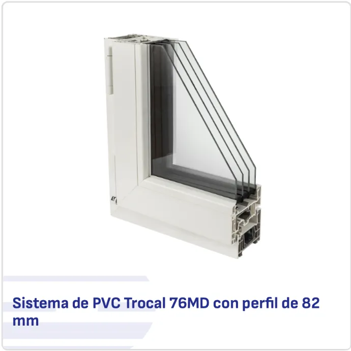 Corte de perfil de PVC Trocal 76MD con cámara de 82mm y triple acristalamiento