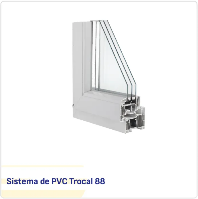 Corte de perfil de PVC Trocal 88 con triple acristalamiento