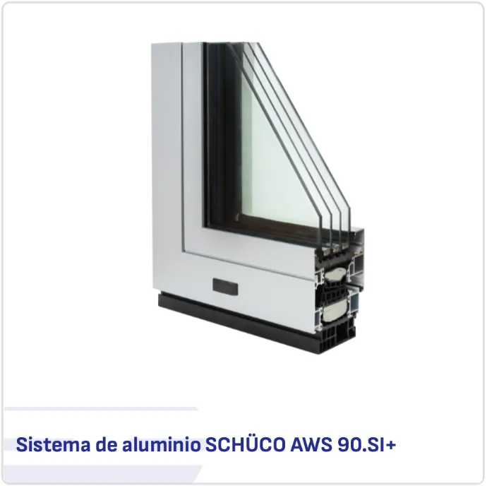 Corte de perfil de aluminio SCHÜCO AWS 90.SI+ con rotura de puente térmico y triple acristalamiento
